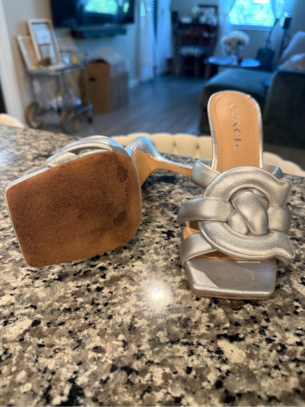 Coach Metallic Silver Knotted Slide Mules - Picture 3 of 5